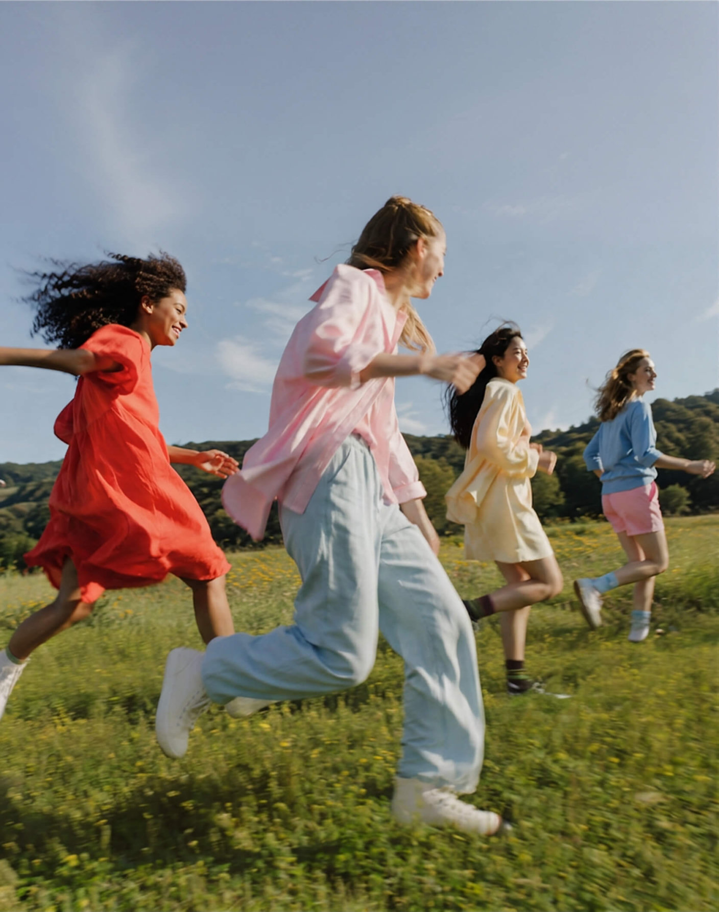 Four women running through a meadow in colourful outfits